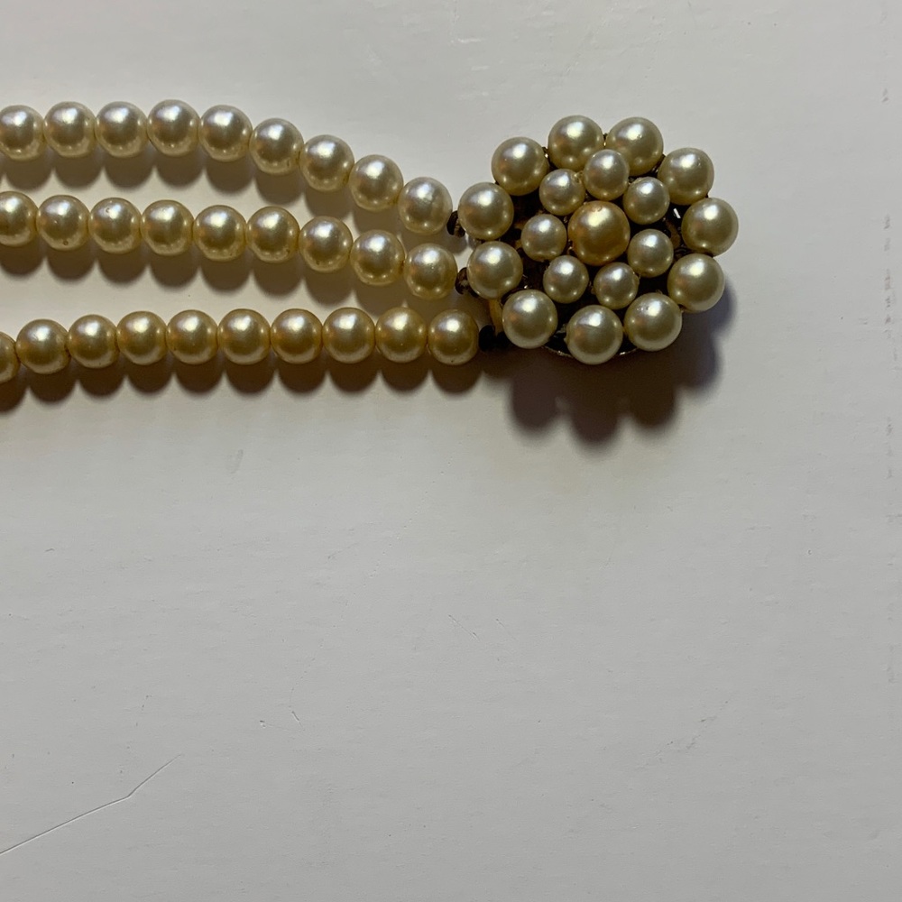 Vintage Antique Triple Strand Faux Pearl Bracelet with silver gold tone clasp